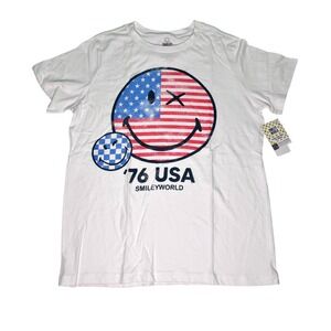 Smiley World USA Flag Graphic T-Shirt White Patriotic Womens Large